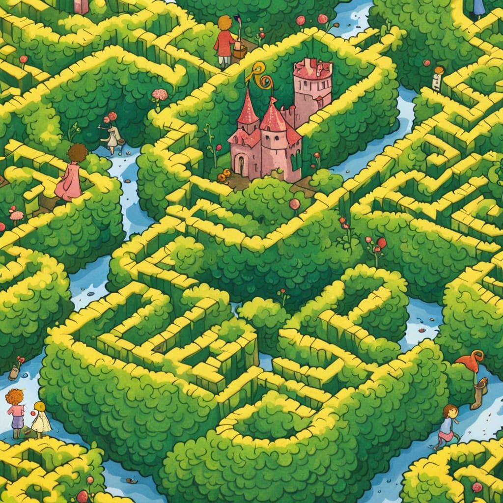 Hedge Maze Viewed from Castle in Anime Style