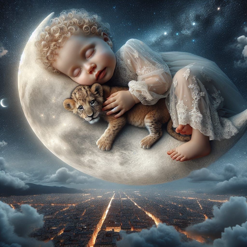 Baby Girl and Lion Cub on the Moon