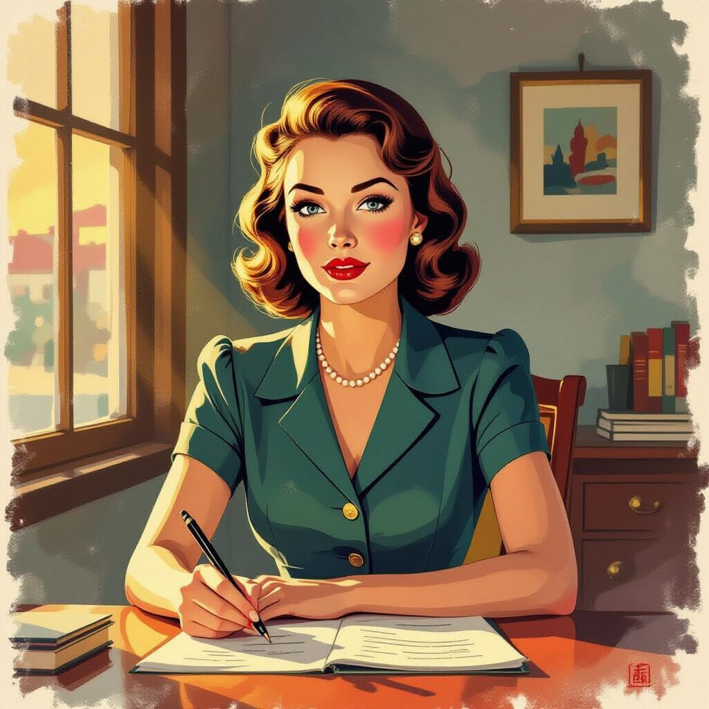 1950s Woman at Desk in Vibrant Colored Ink Wash