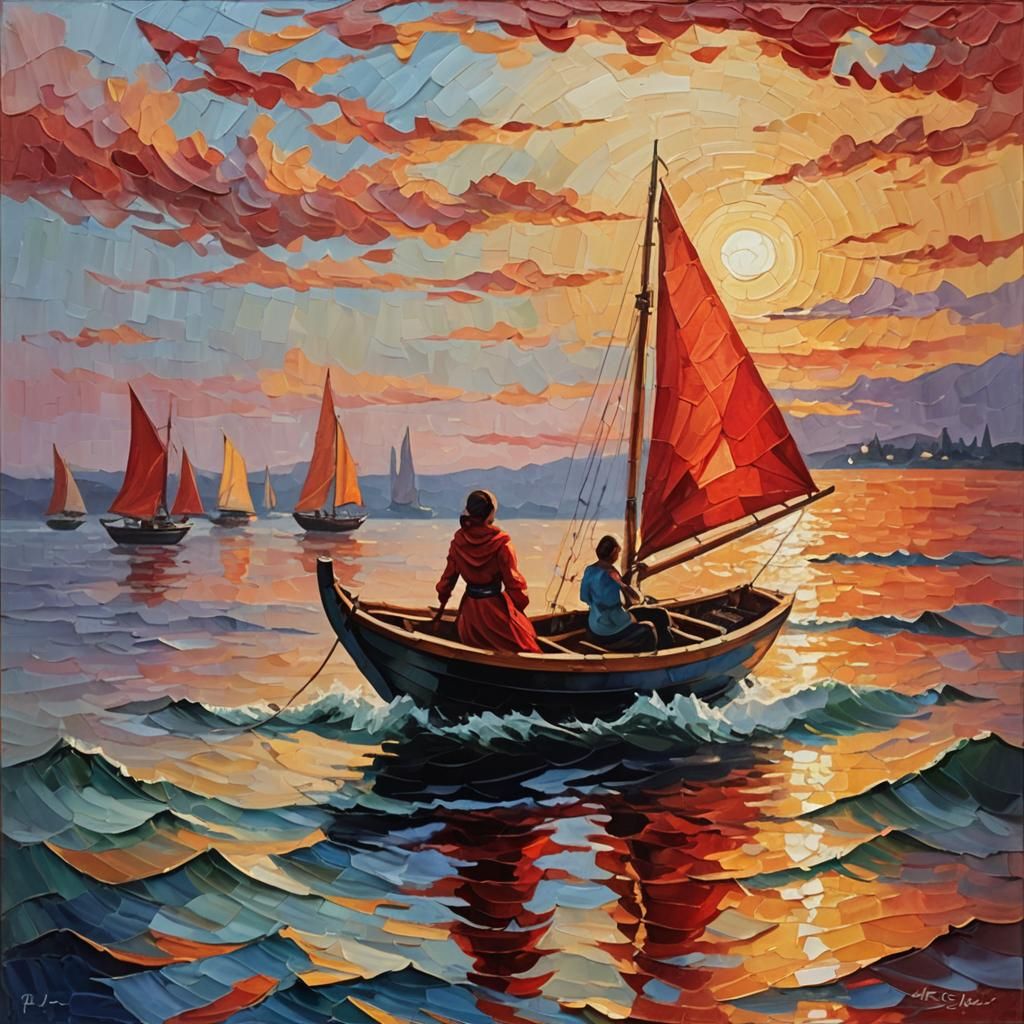 Red Sails in Sunset, Impasto Art Deco Style