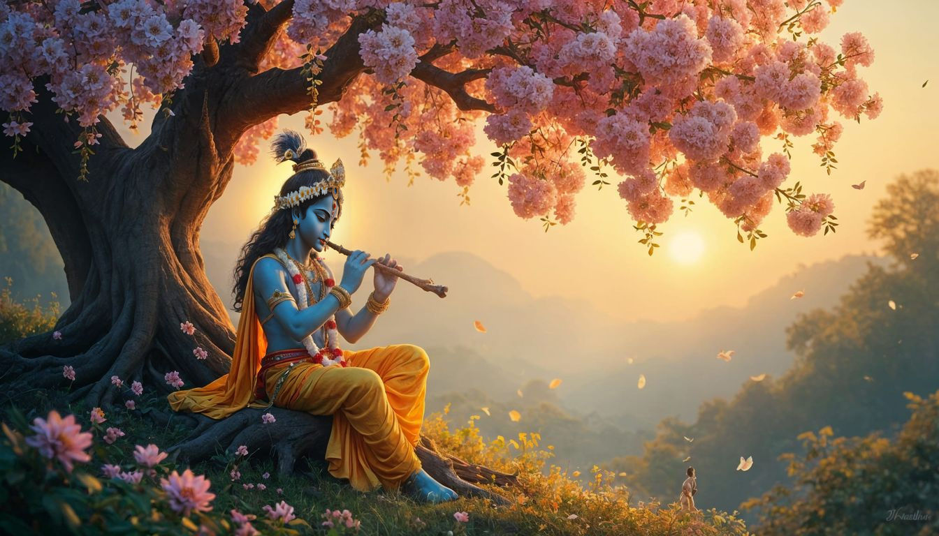 Lord Krishna on Flower Tree Branch with Magical Energy