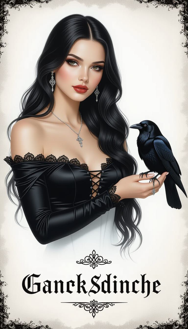 Gothic Woman with Black Hair and Raven in Silk Dress