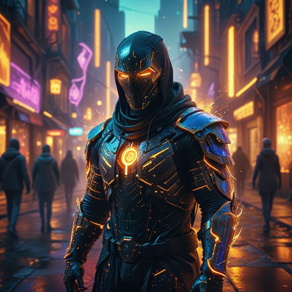 Invisible Figure in Neon City, Fantasy Illustration