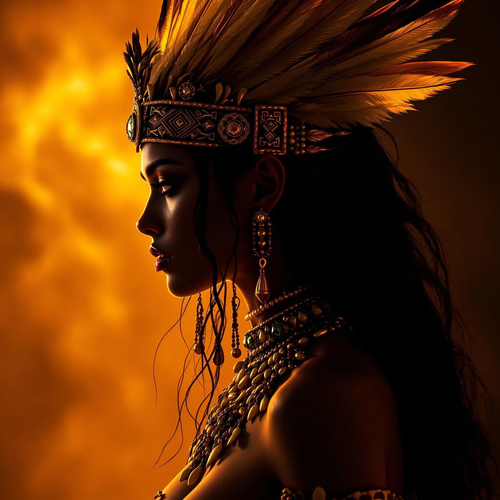 Mysterious Tribal Goddess Silhouette in Golden Light