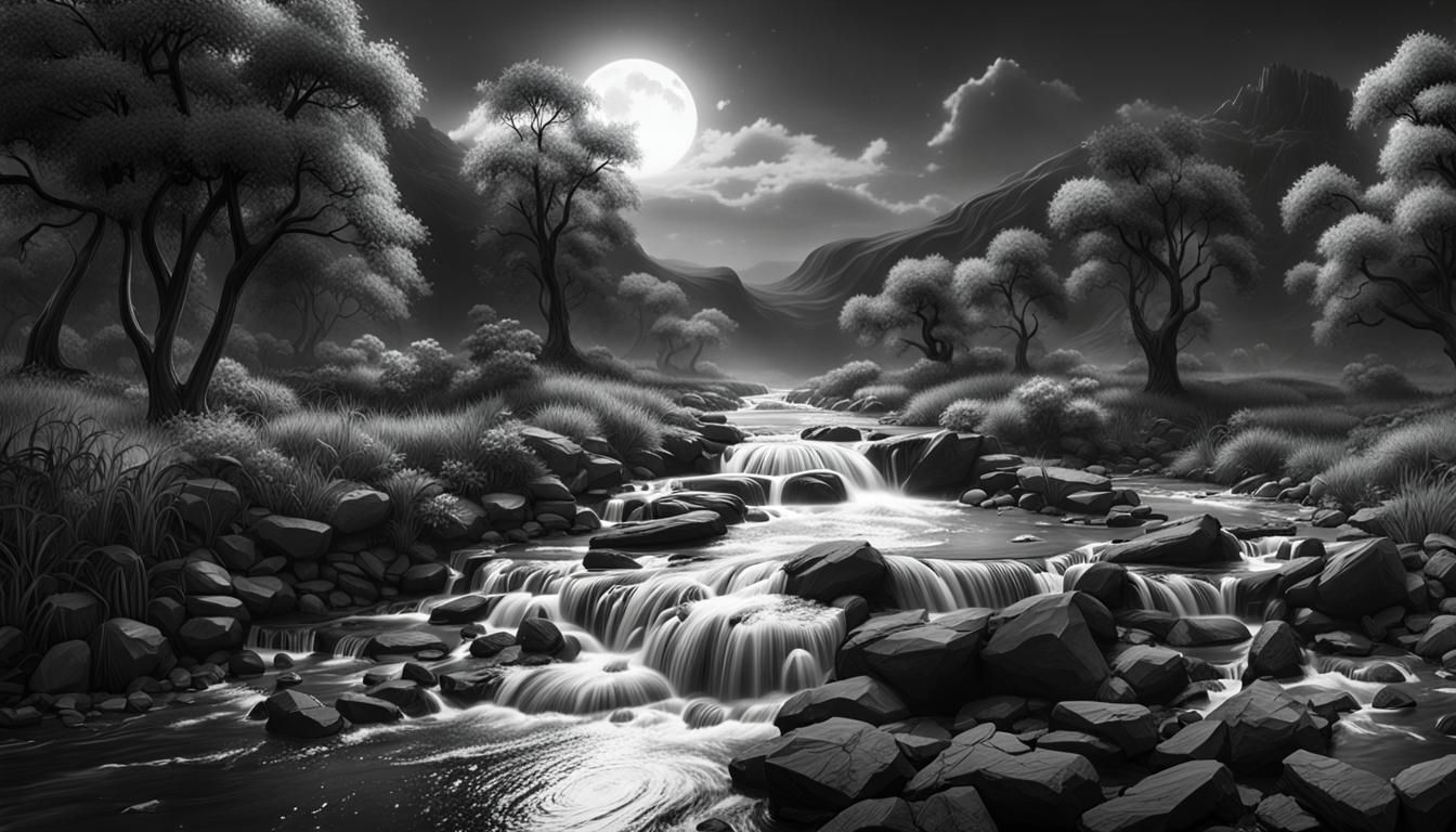 Glistening River in Moonlight: Dark Fantasy Line Art