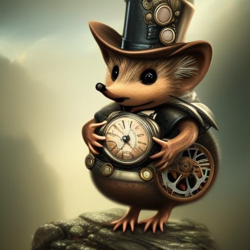 Steampunk Baby Hedgehog: Detailed Matte Painting