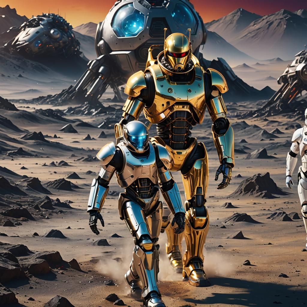 Macron and Terminator on Moon, Surreal Digital Art