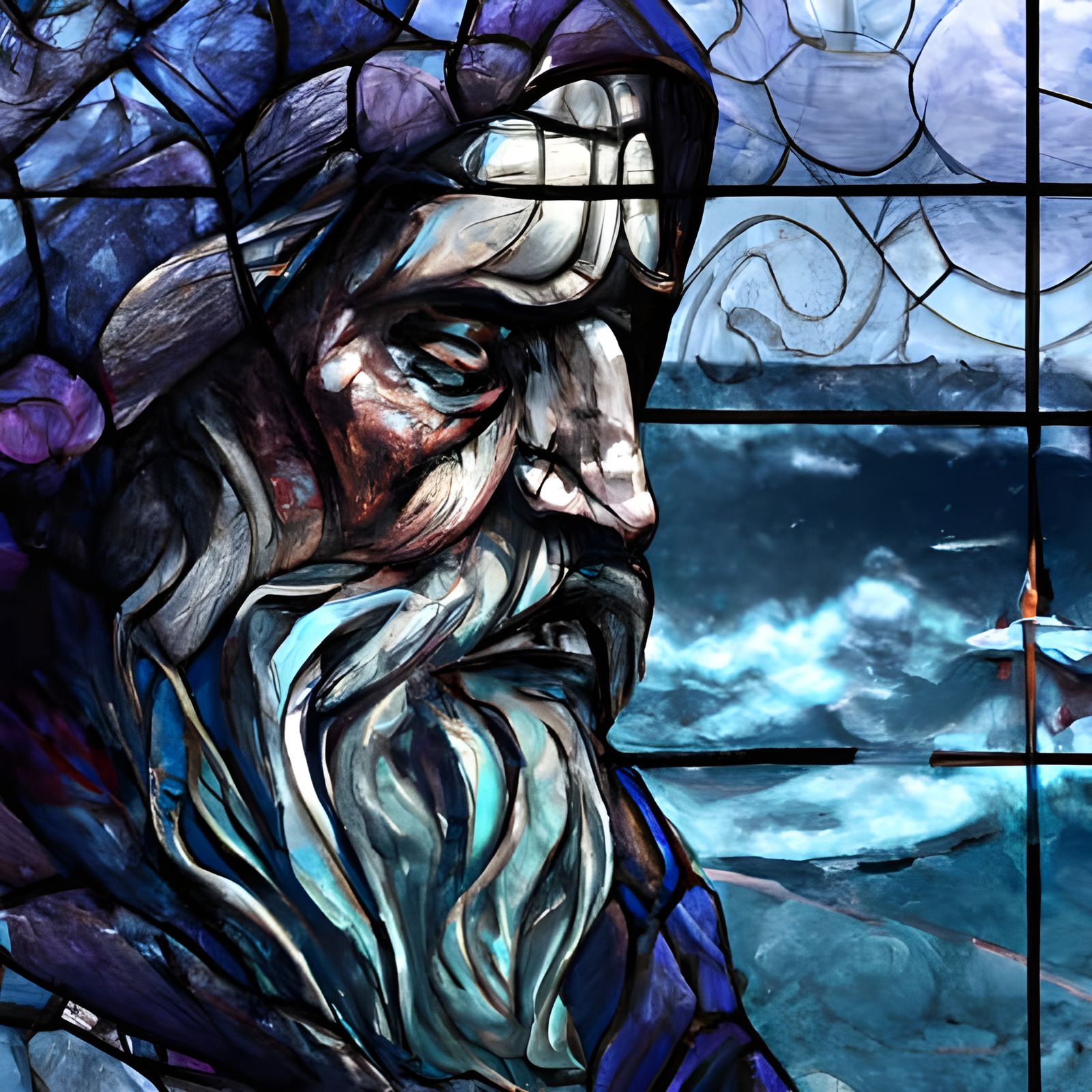 Stained Glass Fisherman at Stormy Sea