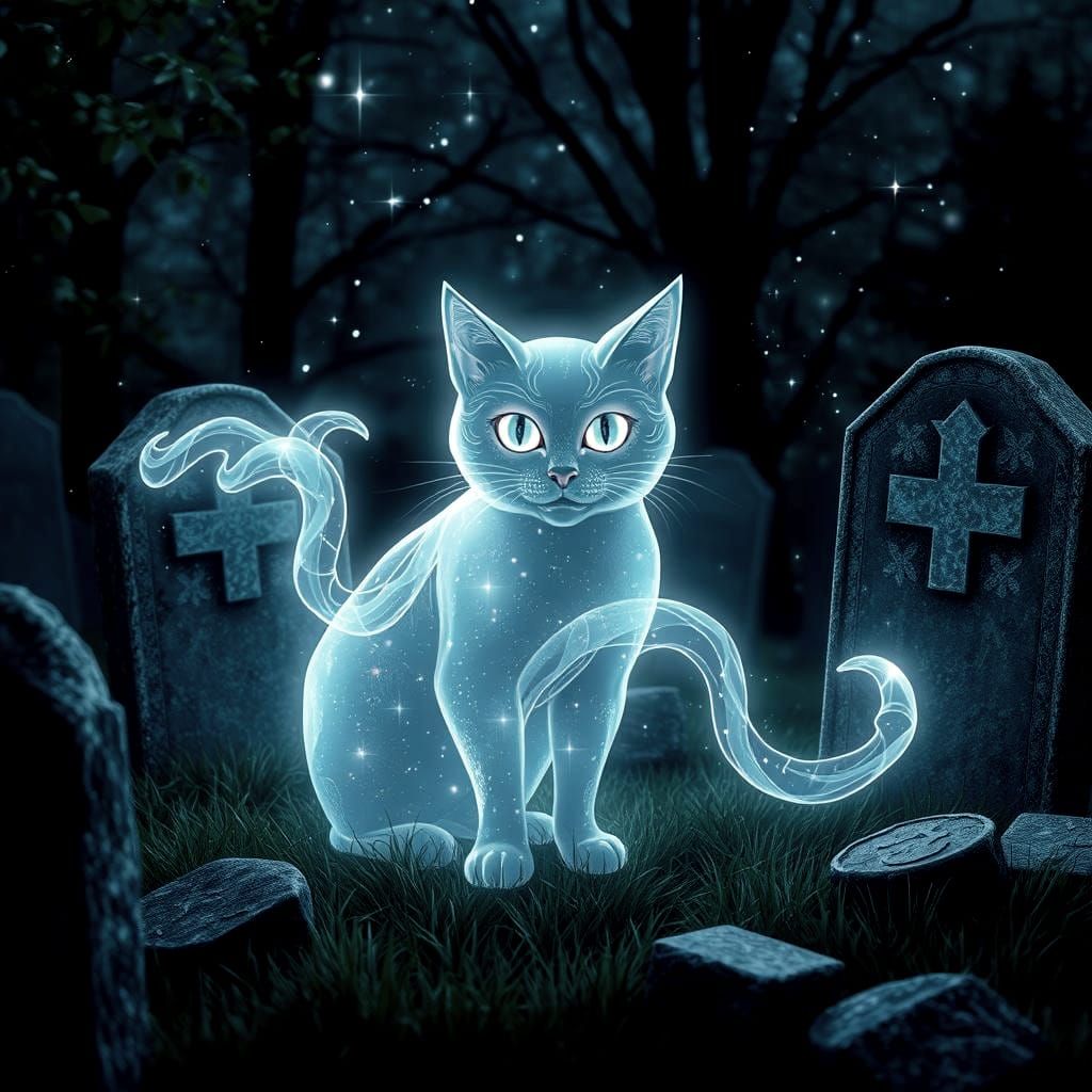 Cosmic Ghost Cat in Graveyard