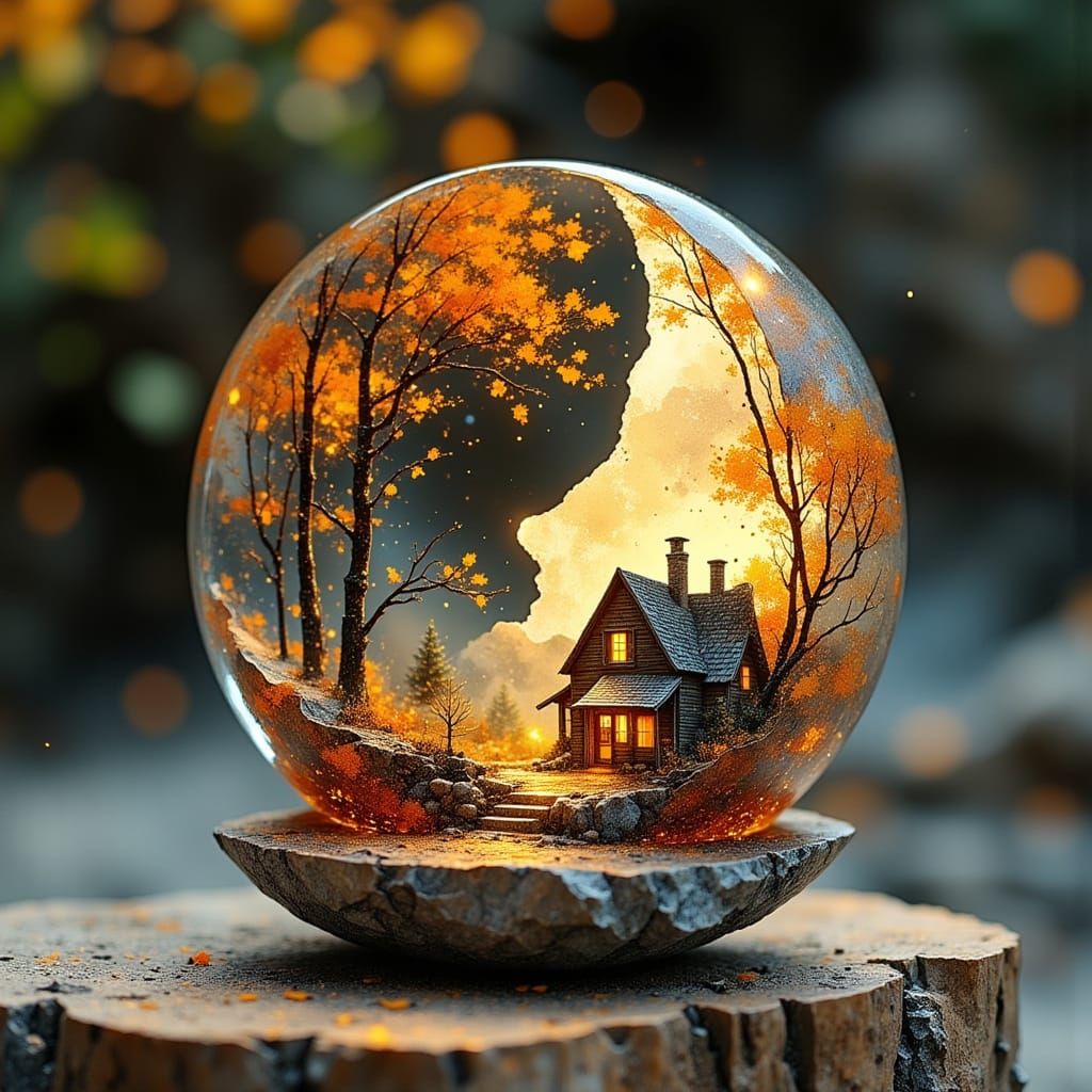 Quartz Moon Sculpture of Autumn Forest Town