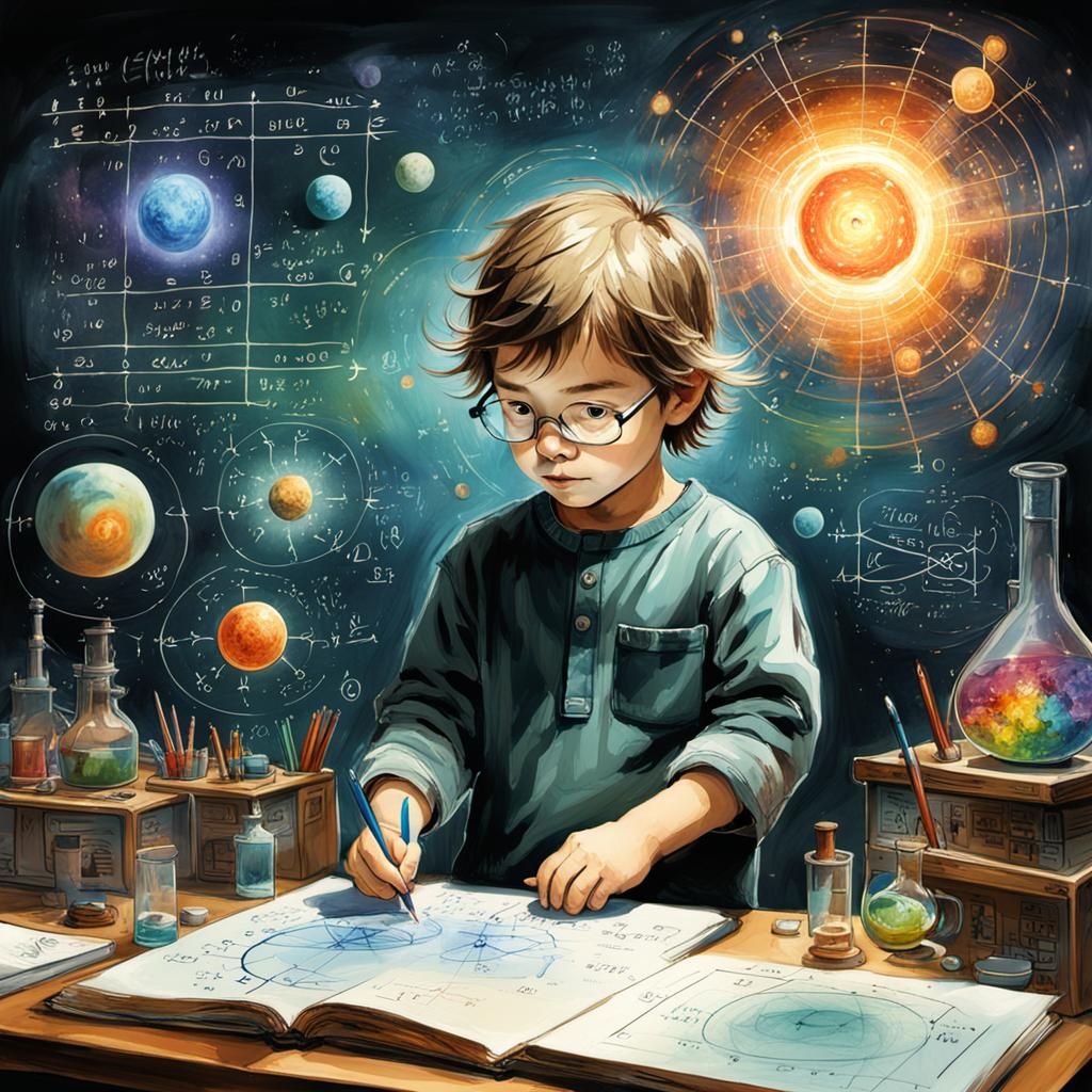 Child Prodigy Solving Equations in Watercolor Style