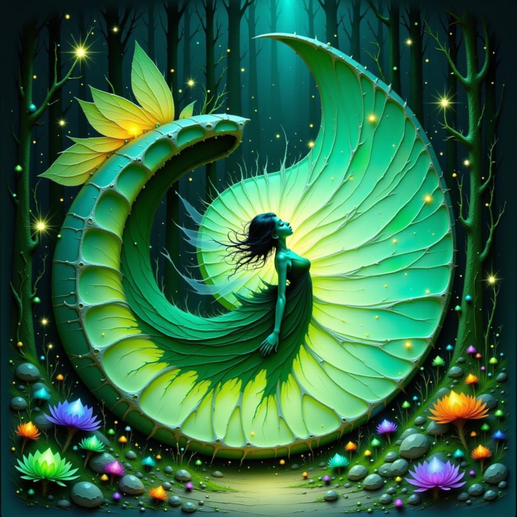 Bioluminescent Fairy on Nautilus Shell in Magical Forest