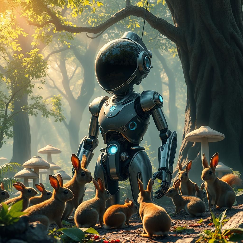 Robot in Misty Forest Surrounded by Animals