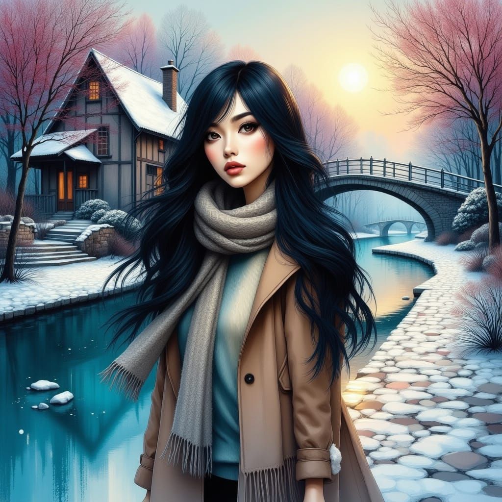 Serene Woman in Winter Landscape by River