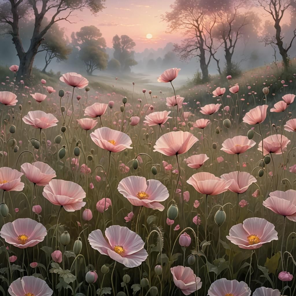 Create a scene of beautiful pastel-pink poppies bathed in so...