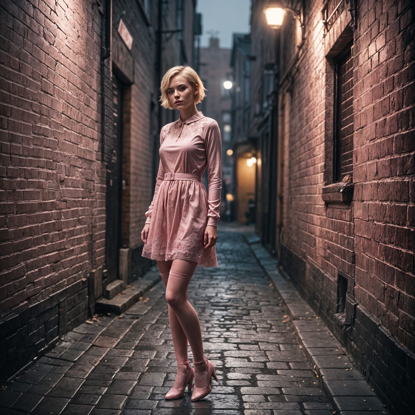 Blonde Girl in Short Dress and Pink Stockings