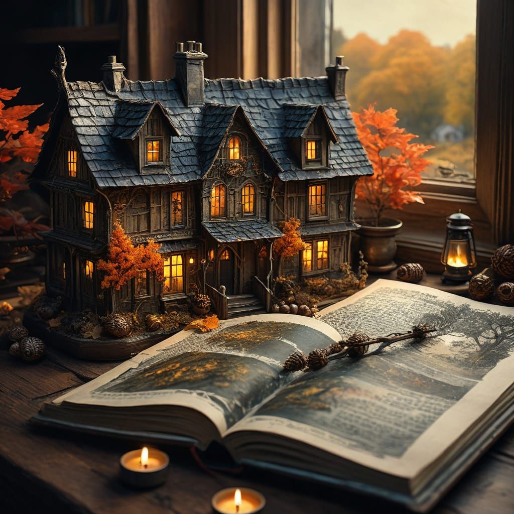 Acorn Village on Antique Book Pages in Watercolor Style