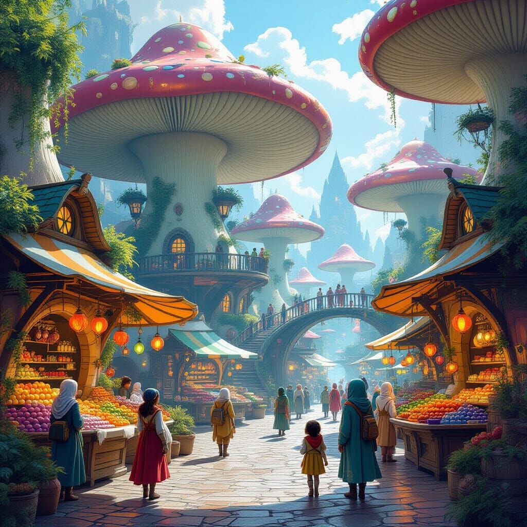 Fantastical Mushroom City Marketplace with Alien Species