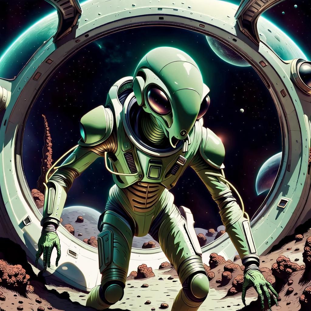Alien world,human mantis hybid in space suit,