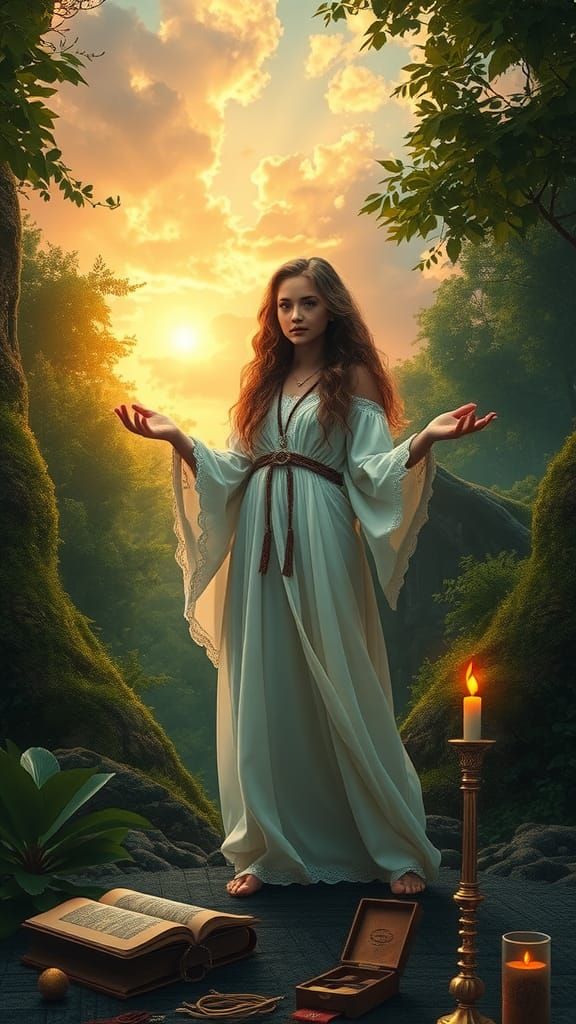 Mystical Witch Weaving Spell in Golden Hour Airbrush Art