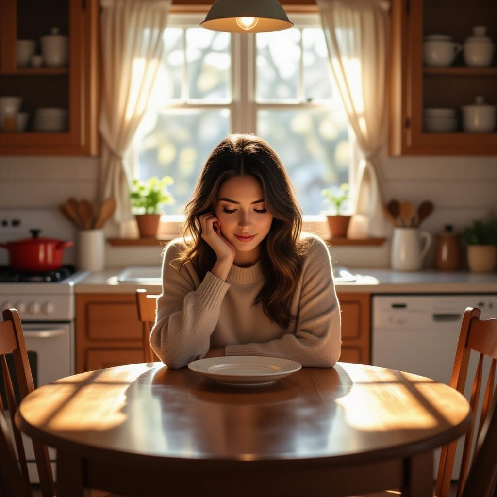 Person Contemplates Empty Plate in Whimsical Kitchen