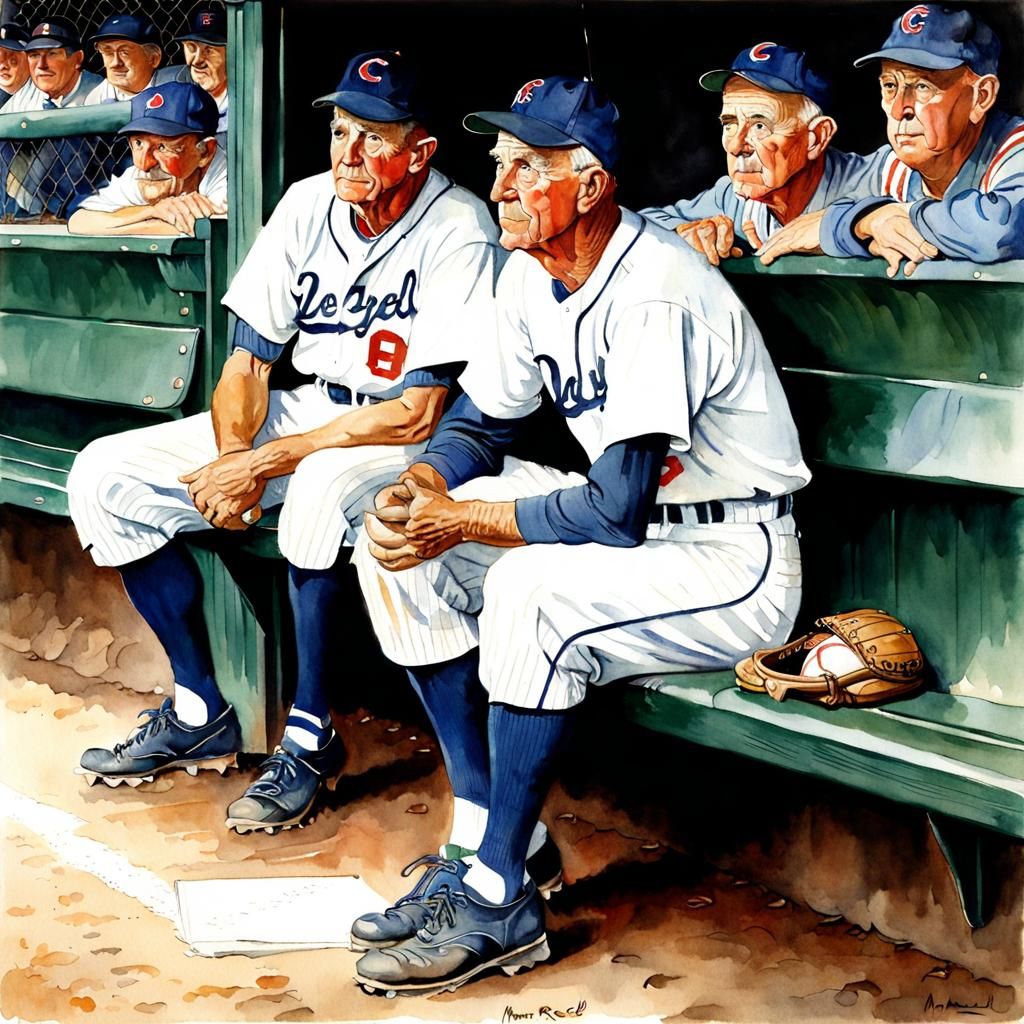 Baseball Coach in Dugout, Rockwell Style Illustration