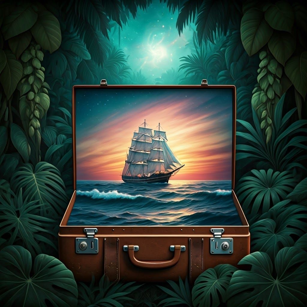 Vintage Suitcase Unveils a Surreal Oceanic World at Sunset