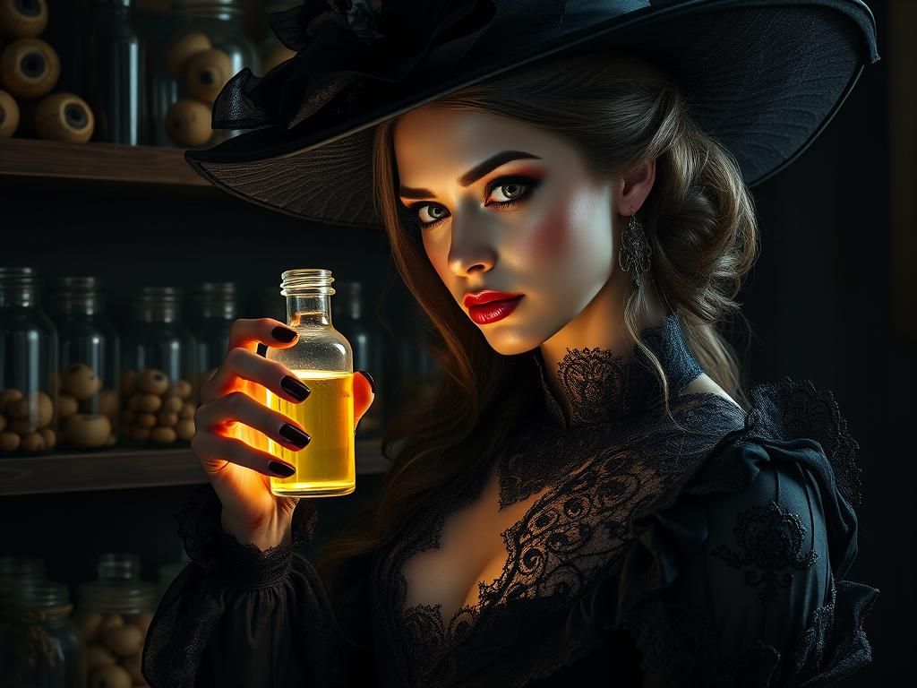 Elegant Witch with Light Elixir, Dramatic Lighting