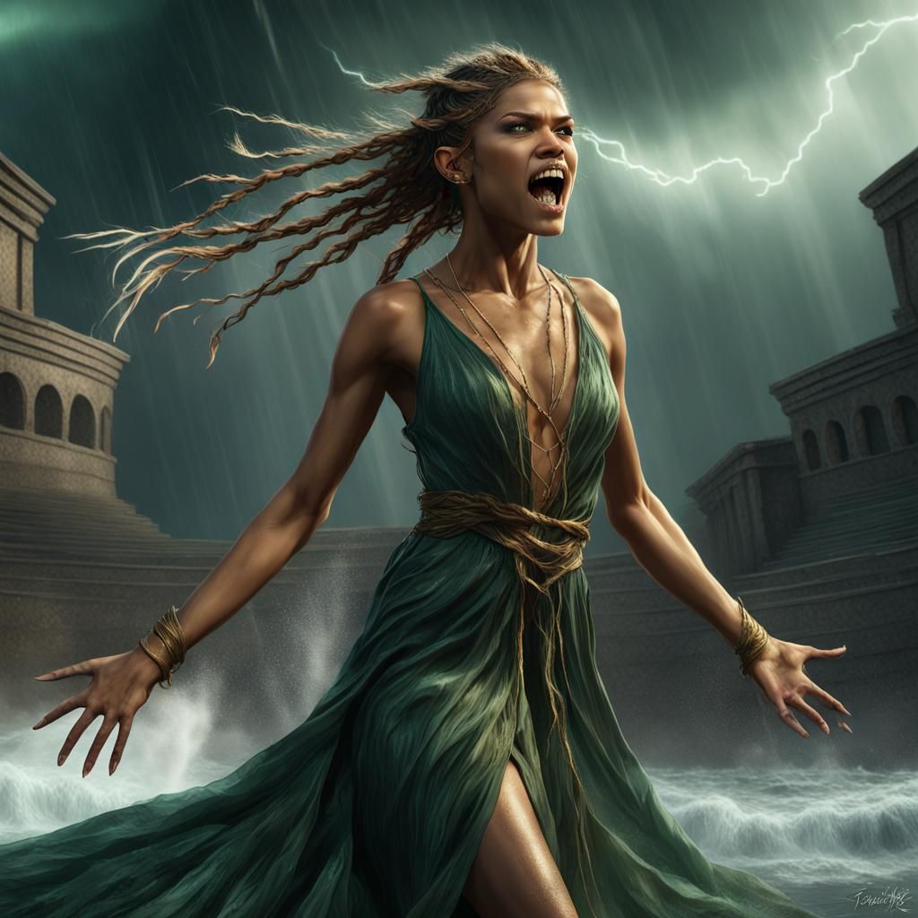 Zendaya as a Furious Sea Elf in Dark Fantasy Style