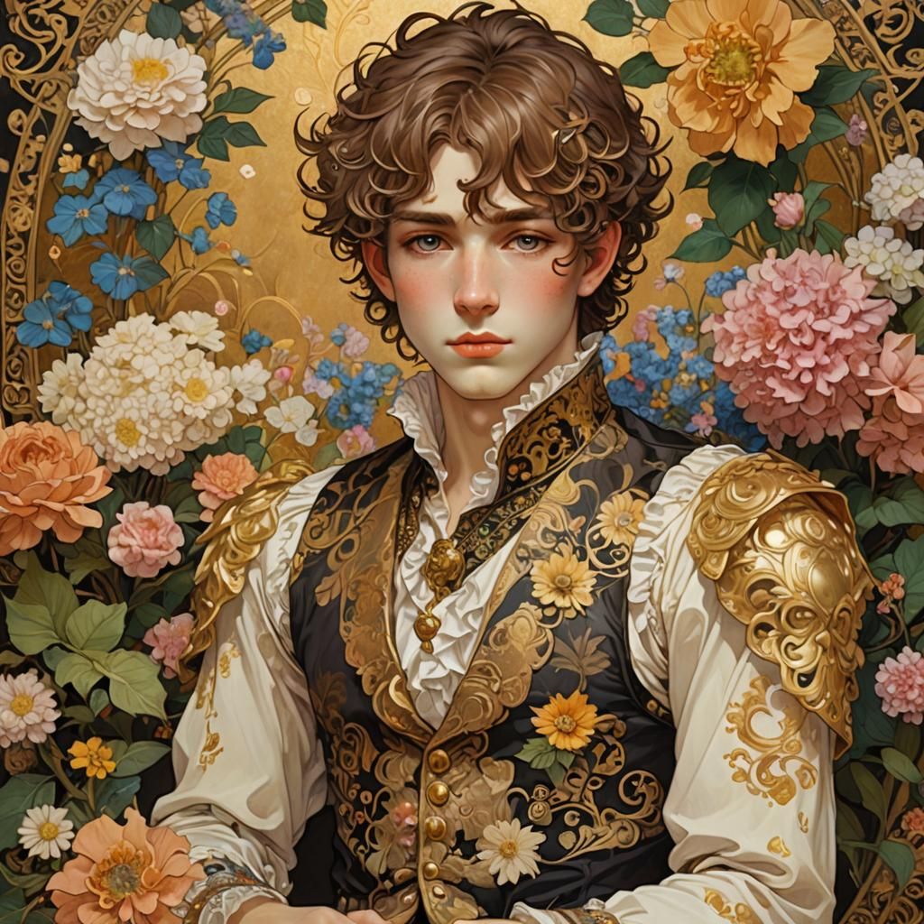 Klimt-Inspired Anime Portrait with Floral Accents