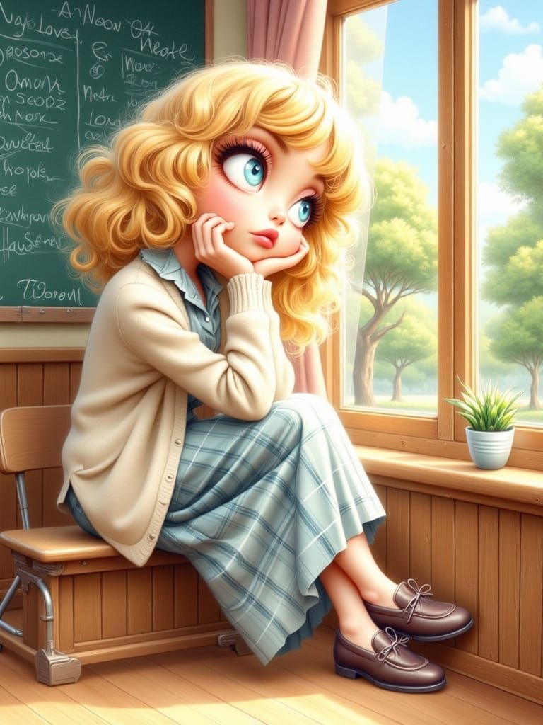 Chibi Schoolgirl Daydreaming by the Classroom Window in Whim...