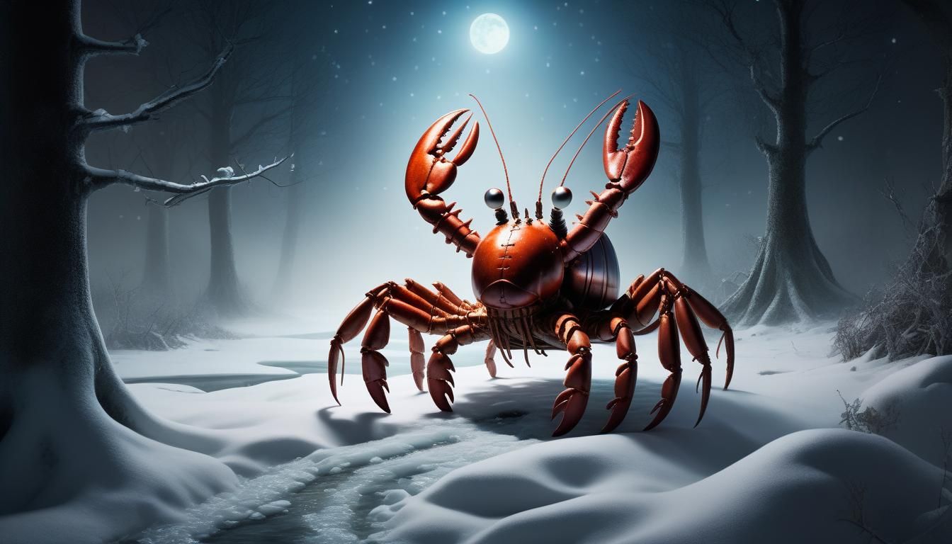 Robot Lobster Gourd in Winter Forest, Watercolor Painting