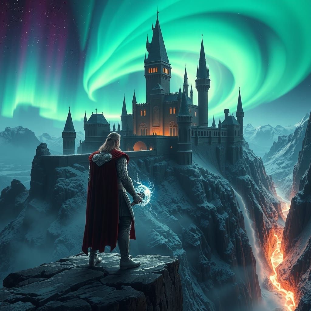 Thor Overlooking Doom's Castle Under Aurora Borealis