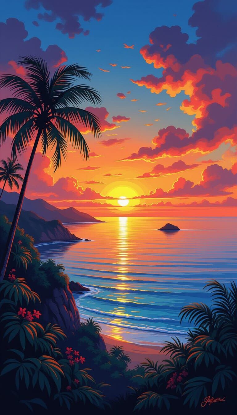 Tropical Sunrise Lookout in Street Art Style