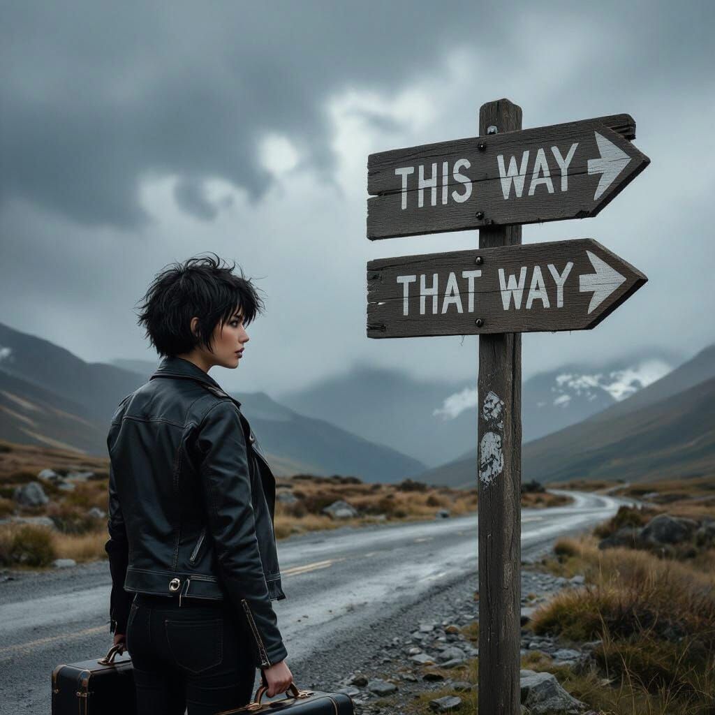 Woman with Suitcase at Mountain Trail Crossroads