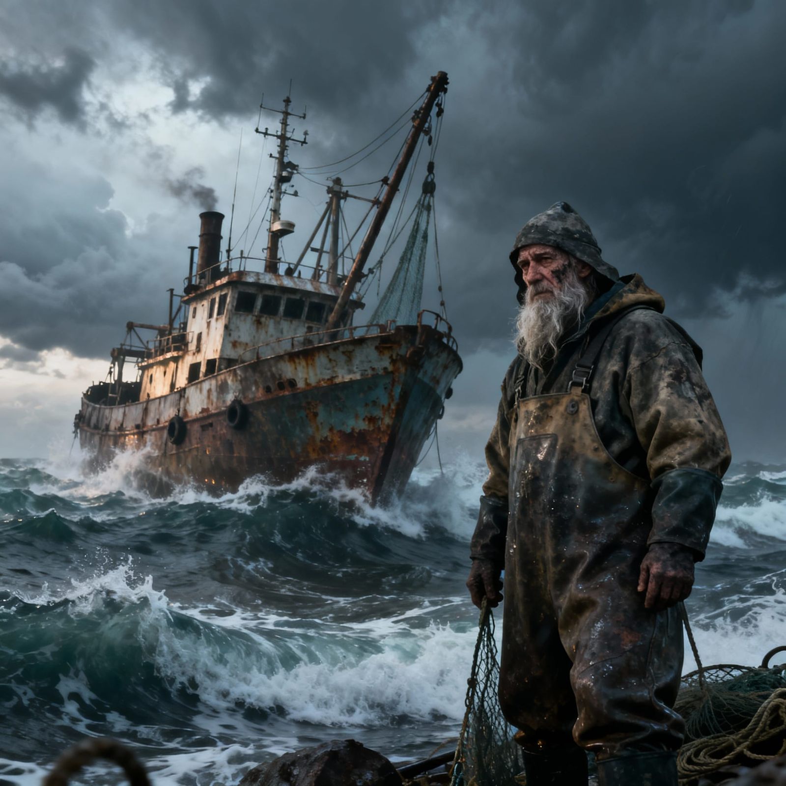 Resilient Fisherman on Stormy Sea Beside Submerged Trawler