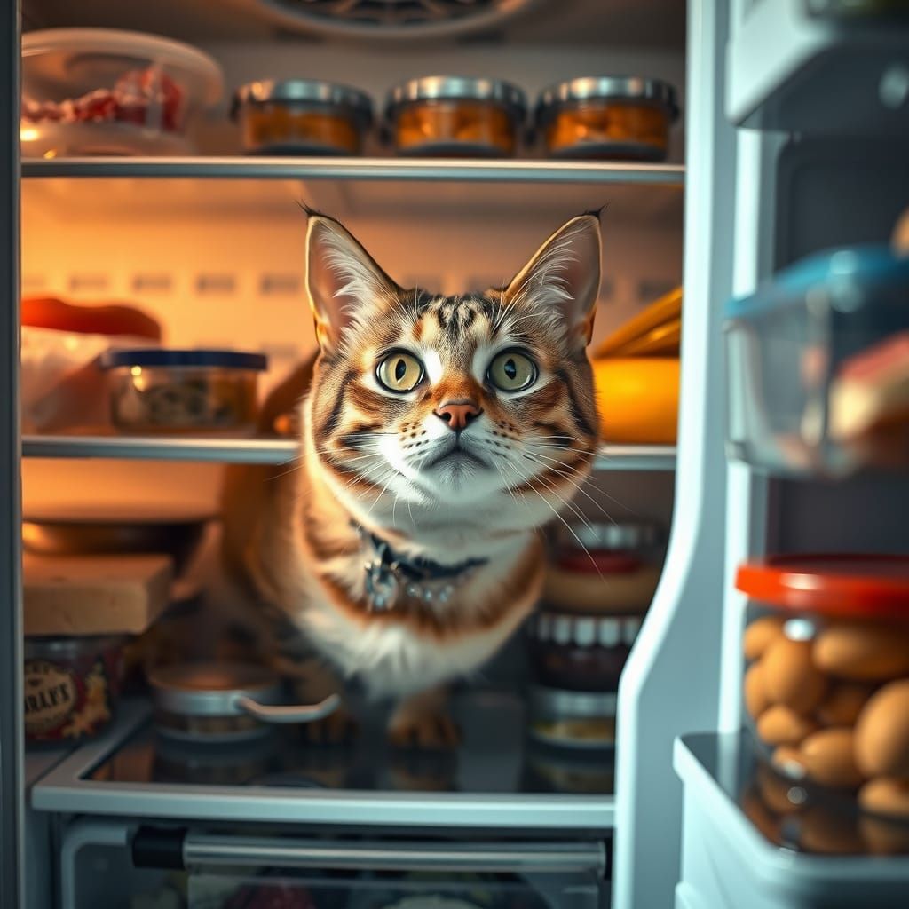 Cat Peers into Refrigerator with Sparkling Collar