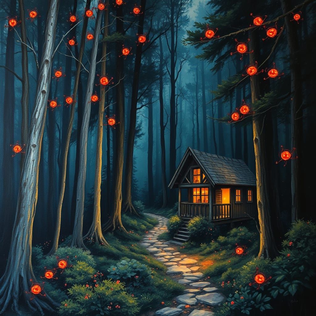 Vibrant Cottage Amidst Whimsical Forest in Epic Impressionis...