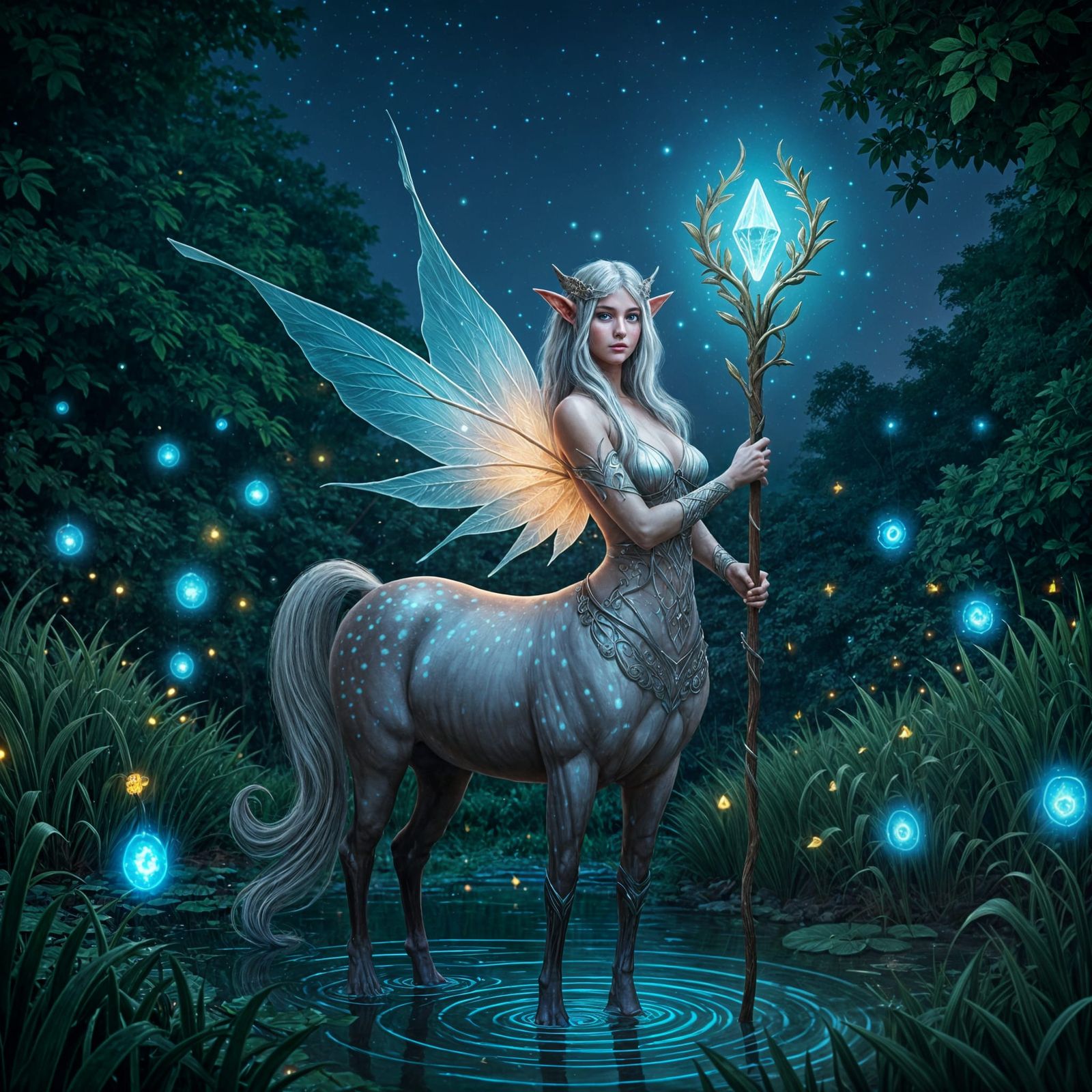 Elven Centaur in Enchanted Forest at Night