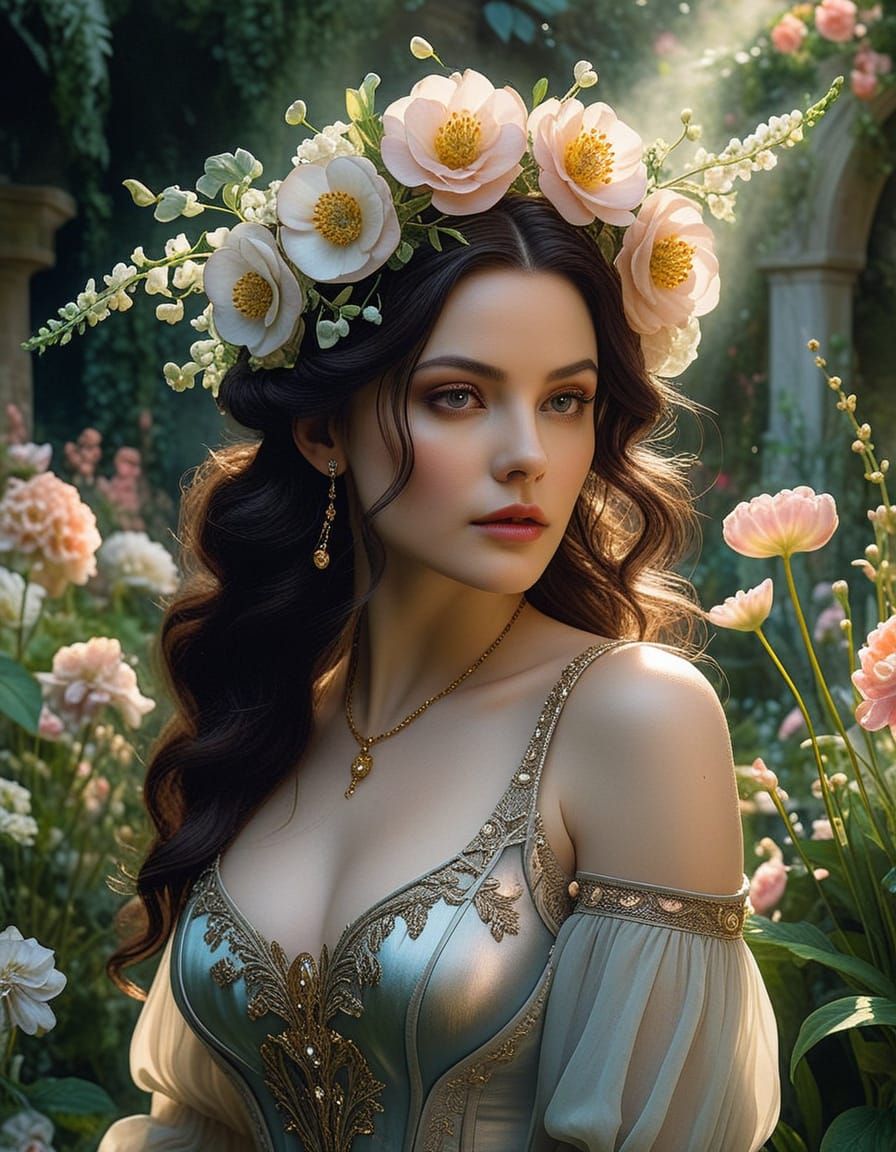 Ethereal Watercolor Portrait of a Woman in a Floral Garden