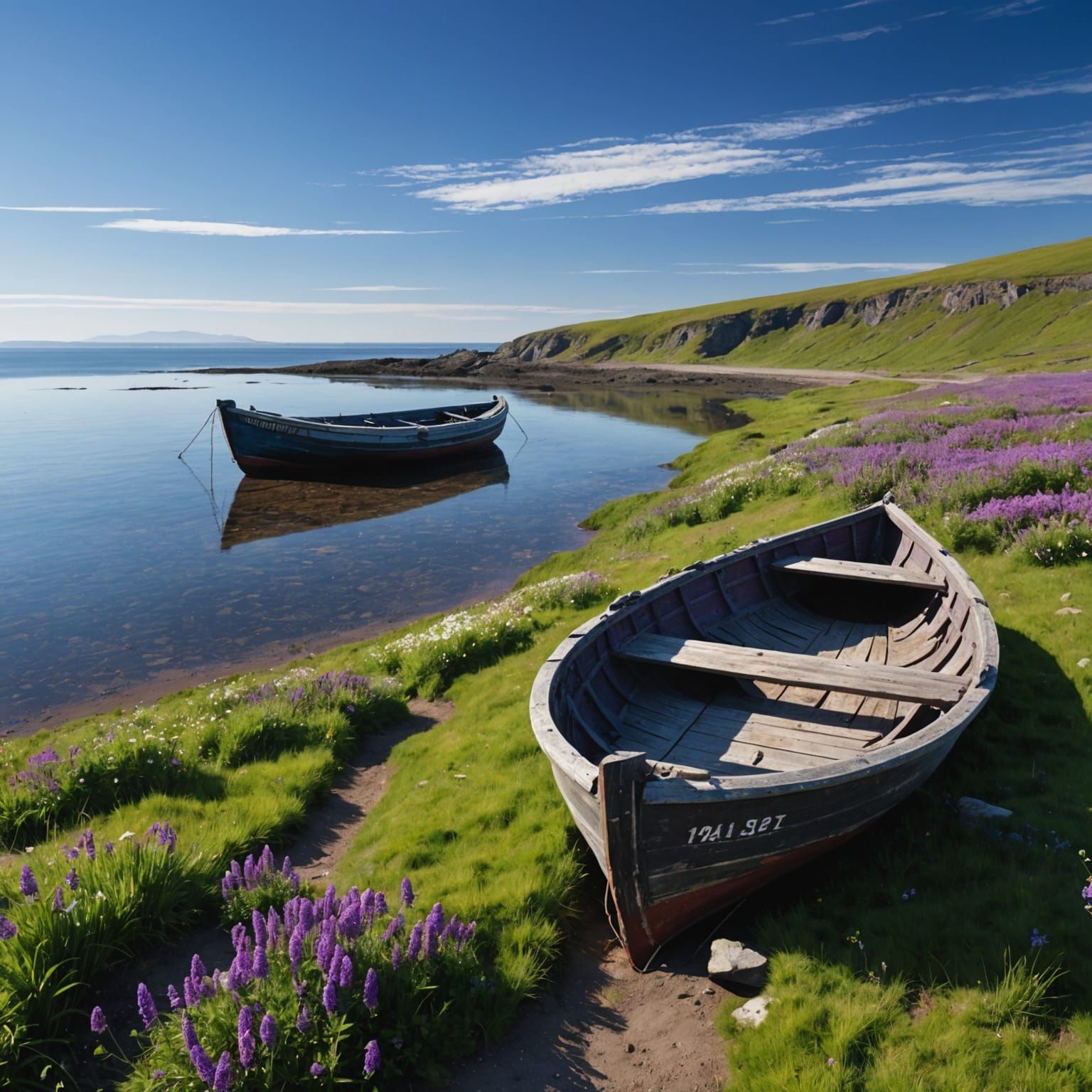 Dark Fantasy Coastal Landscape with Wooden Boats