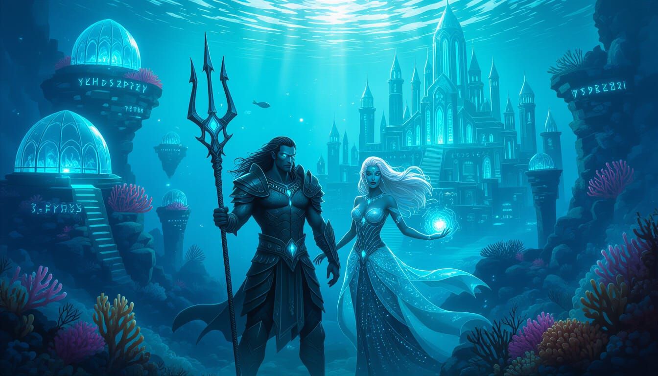 Underwater Fantasy City with Warrior and Sorceress