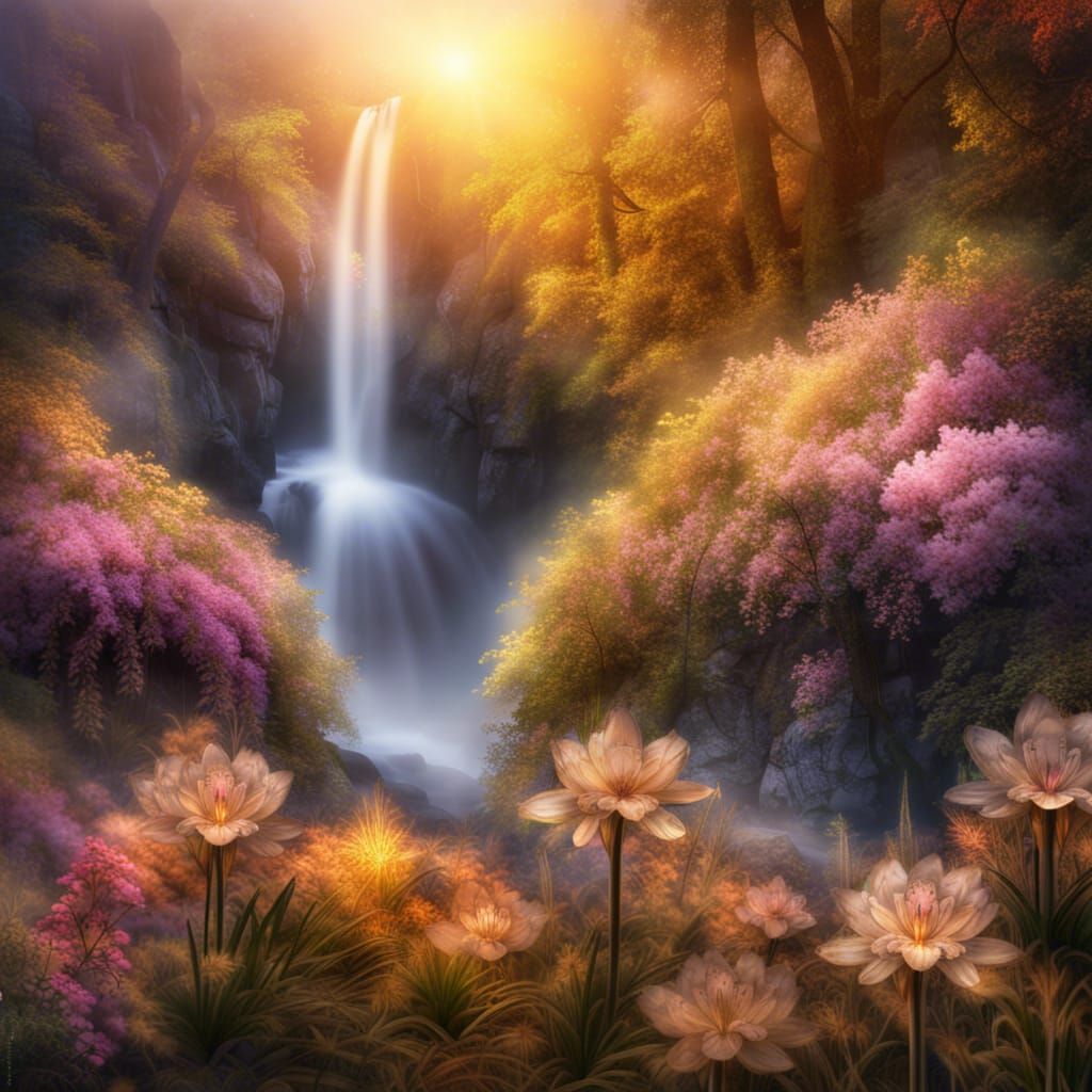 Golden Hour Waterfall in Misty Mountain Landscape