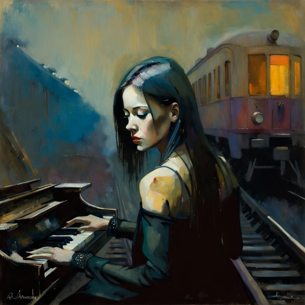 Surreal Piano Player on Train Tracks in Oil Paint