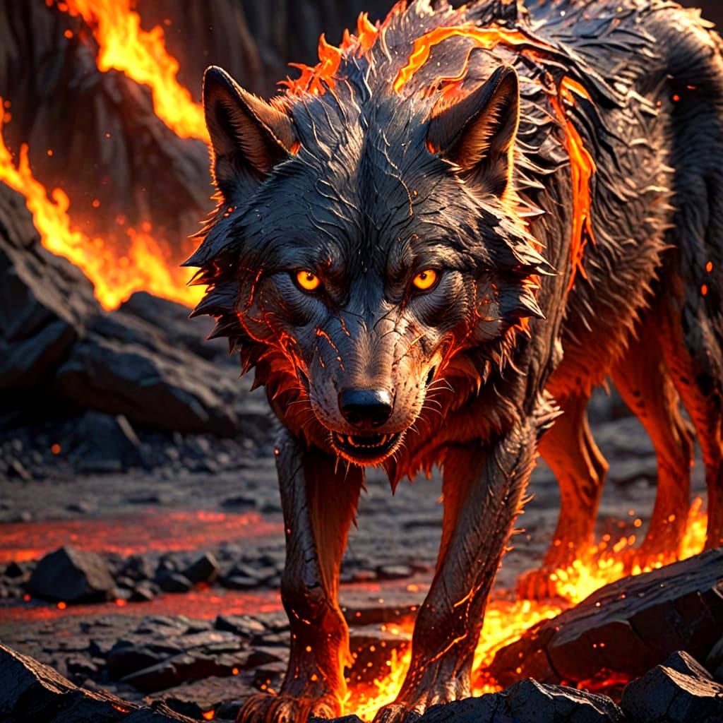 Lava Wolf with Glowing Cracks