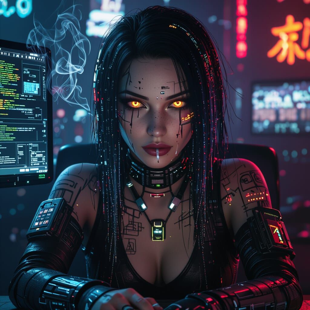 Cyberpunk Noir Portrait of Ibis, Netrunner with Amber Eyes