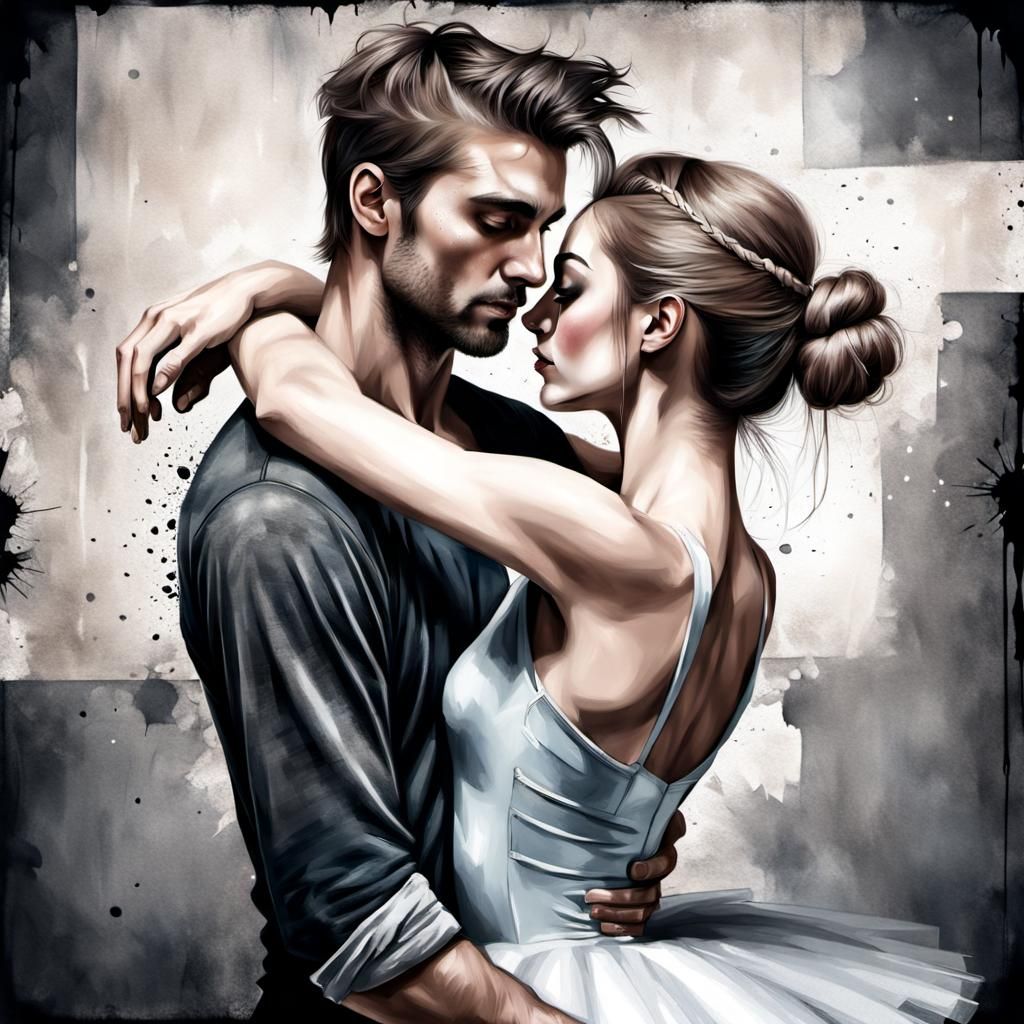 Ballerina and Grunge Boyfriend Embrace: Photorealistic
