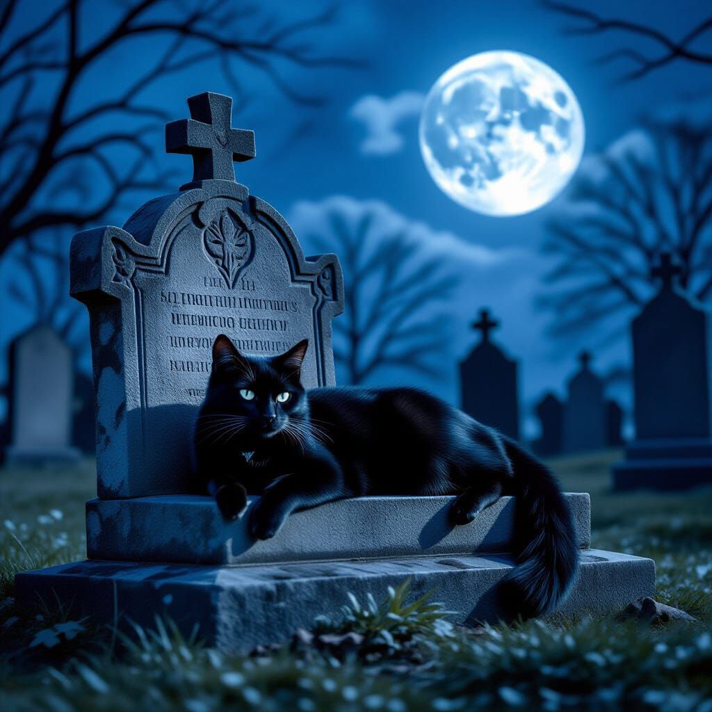 Black Cat on Tombstone Under Full Moon