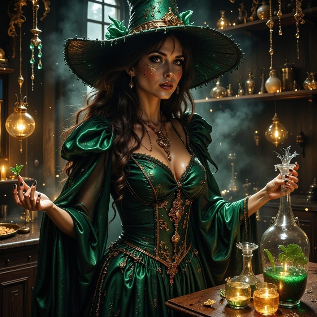 Regal Witch in Rustic Kitchen with Floating Potion Ingredien...