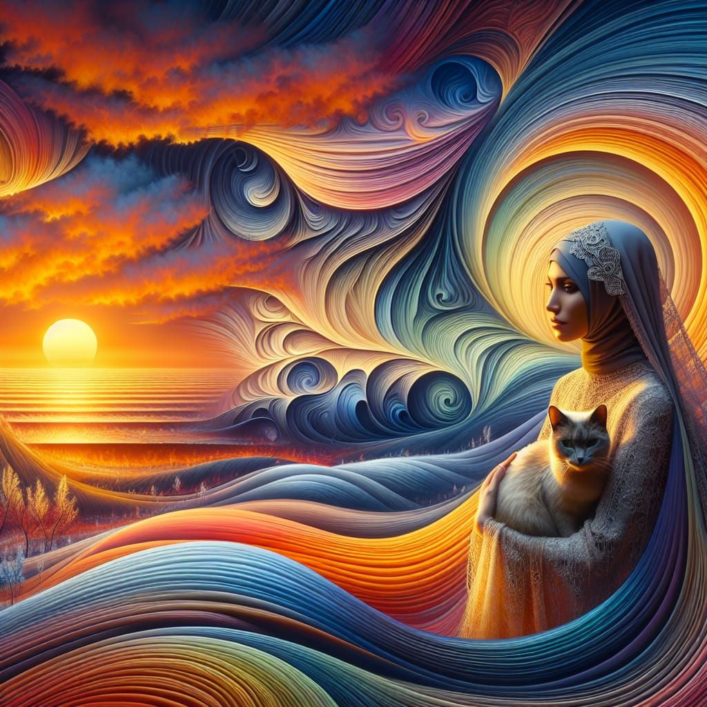 Woman and Cat at Sunset: Hyperdetailed Digital Art